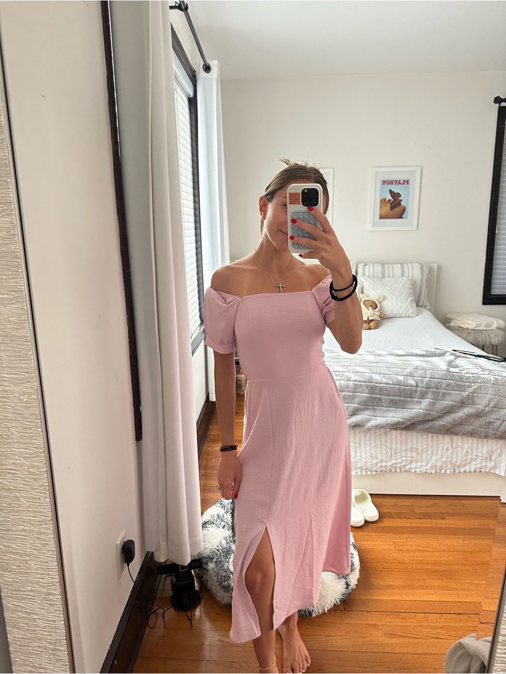 Off-Shoulder Pink Midi Dress with Front Slit